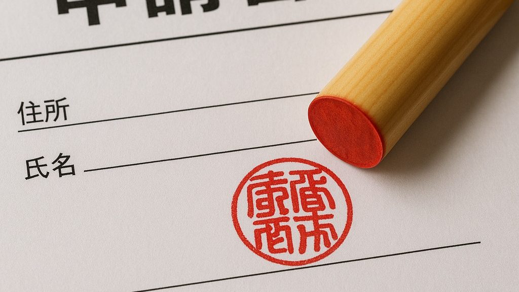 Japanese registration form with a red Hanko stamp used in official filings.