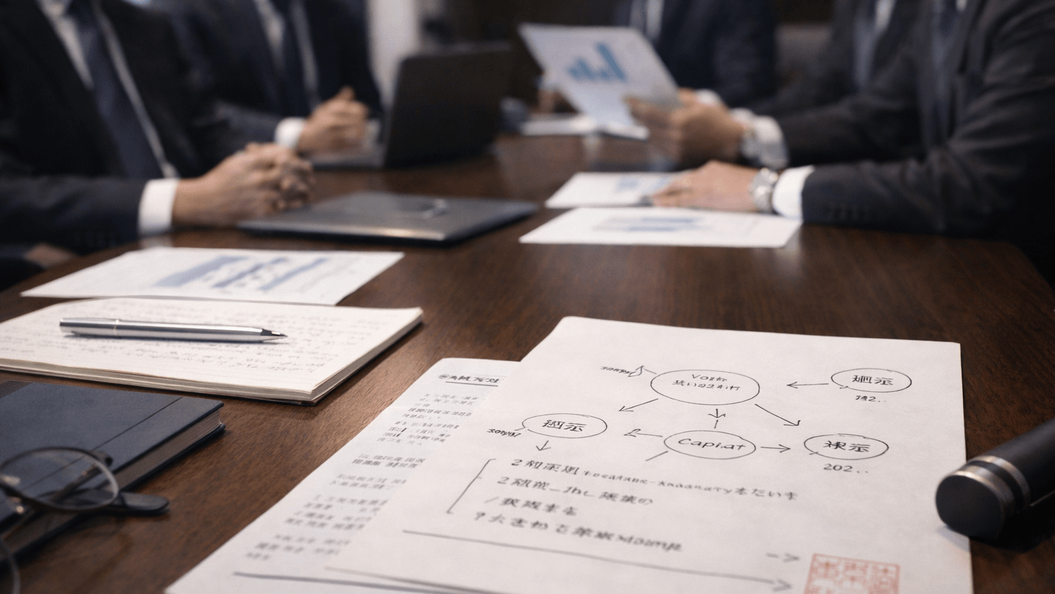 日本企業における合意形成型の意思決定ミーティングのイメージ。