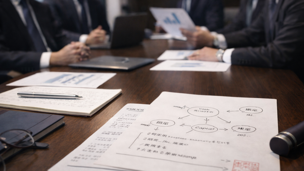 Corporate meeting in Japan illustrating consensus-based decision-making and strategic discussion.