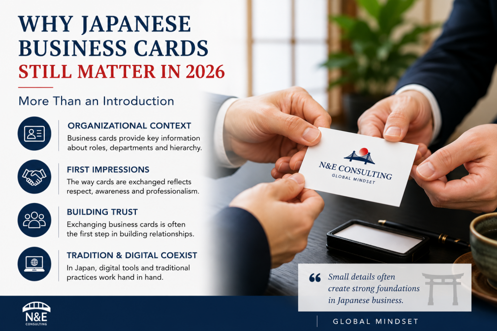 日本で名刺交換を行うビジネスパーソンと、2026年でも名刺が重要であることを示すイメージ。