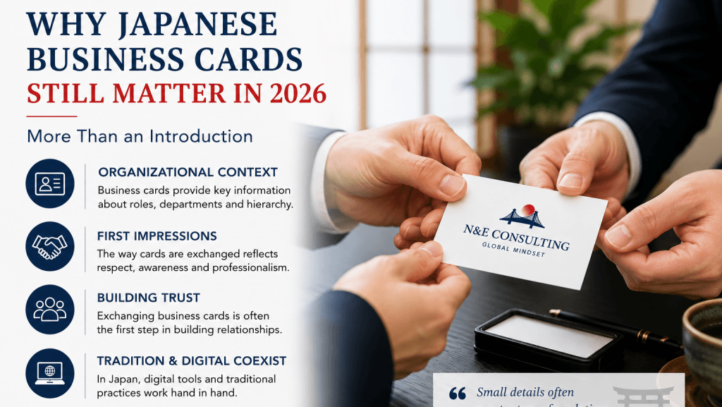 Business professionals exchanging business cards in Japan, illustrating why Japanese business cards remain important in 2026.