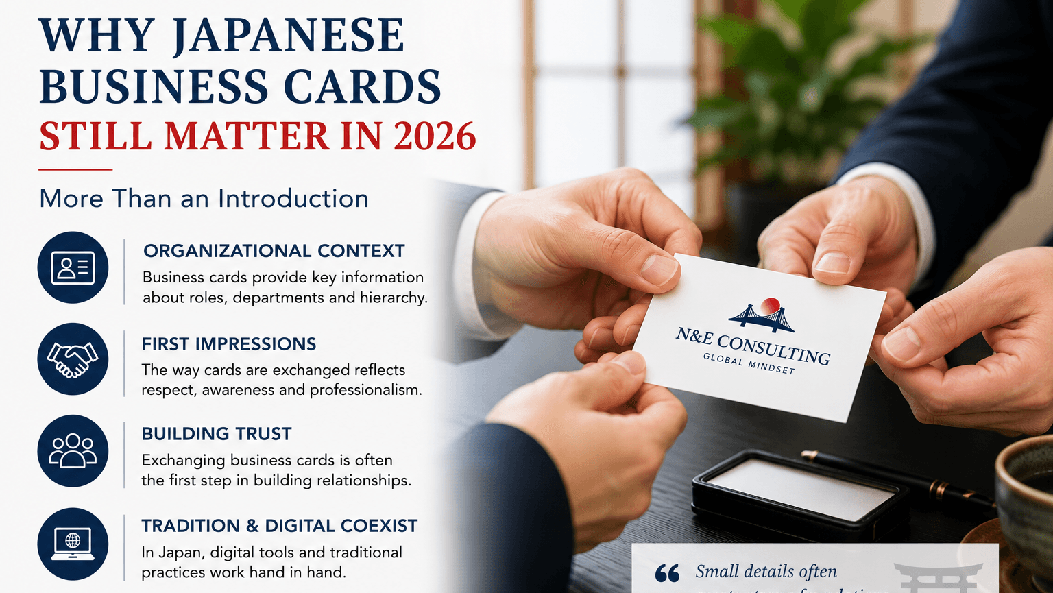 Business professionals exchanging business cards in Japan, illustrating why Japanese business cards remain important in 2026.