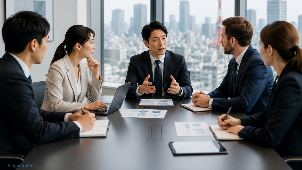 日本のビジネスコミュニケーションと異文化間の意思決定を表現した東京での国際ビジネスミーティング。