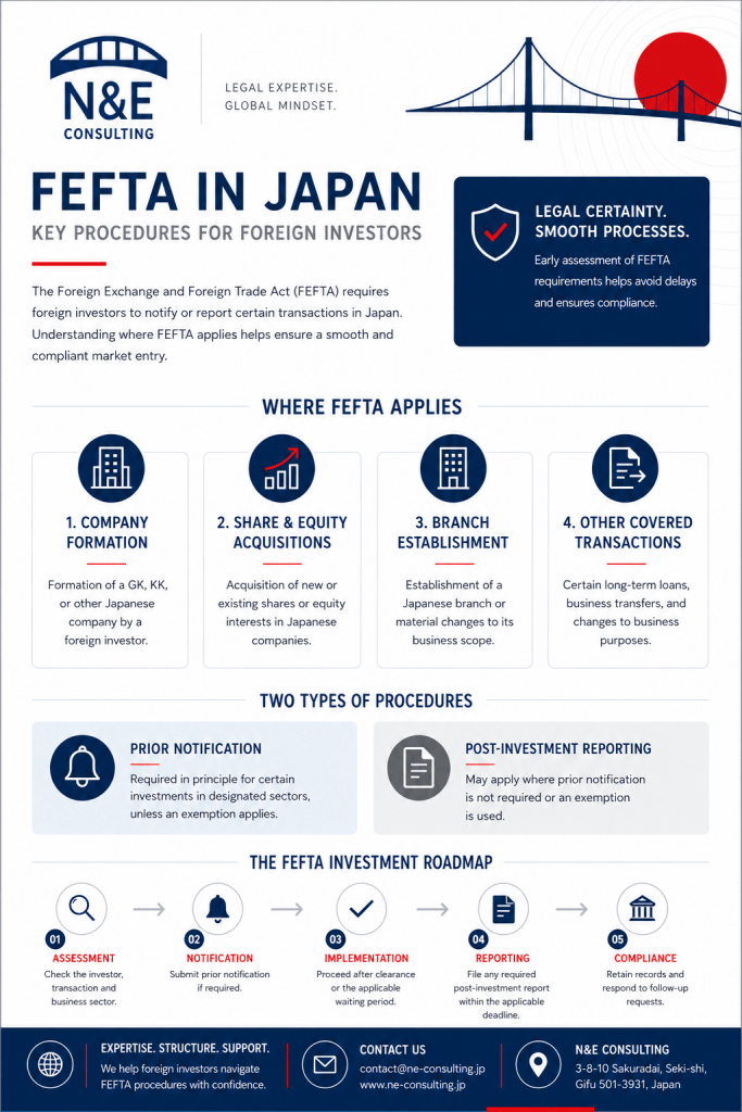 外国投資家向けに外為法の事前届出、免除制度、事後報告を説明するFEFTAインフォグラフィック