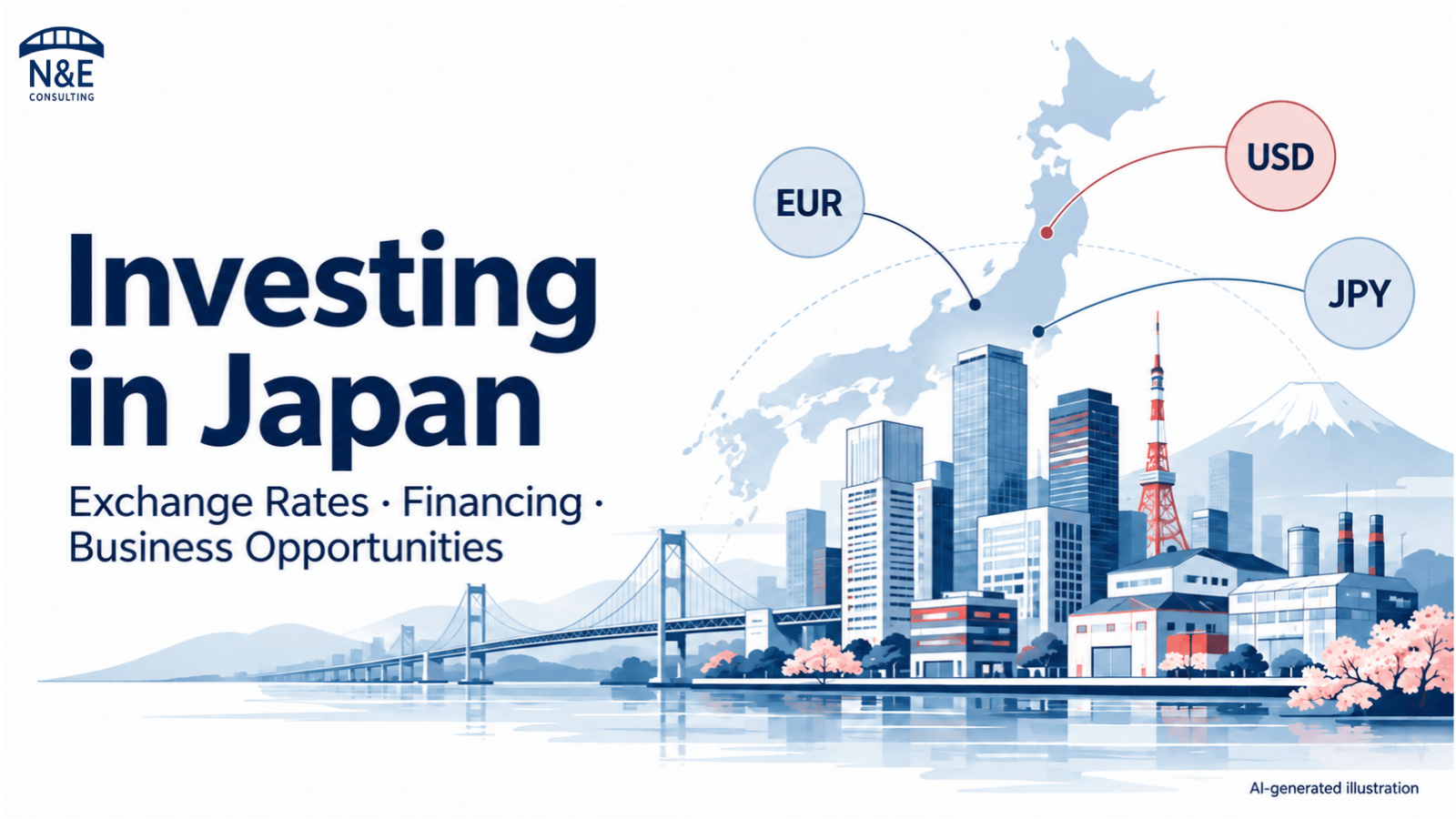 Japan-Karte mit Büro- und Industriegebäuden, einer Brücke sowie den Währungskürzeln EUR, USD und JPY.