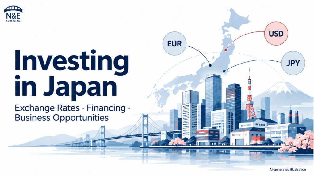Japan map with office and industrial buildings, a bridge, and the currency codes EUR, USD and JPY.