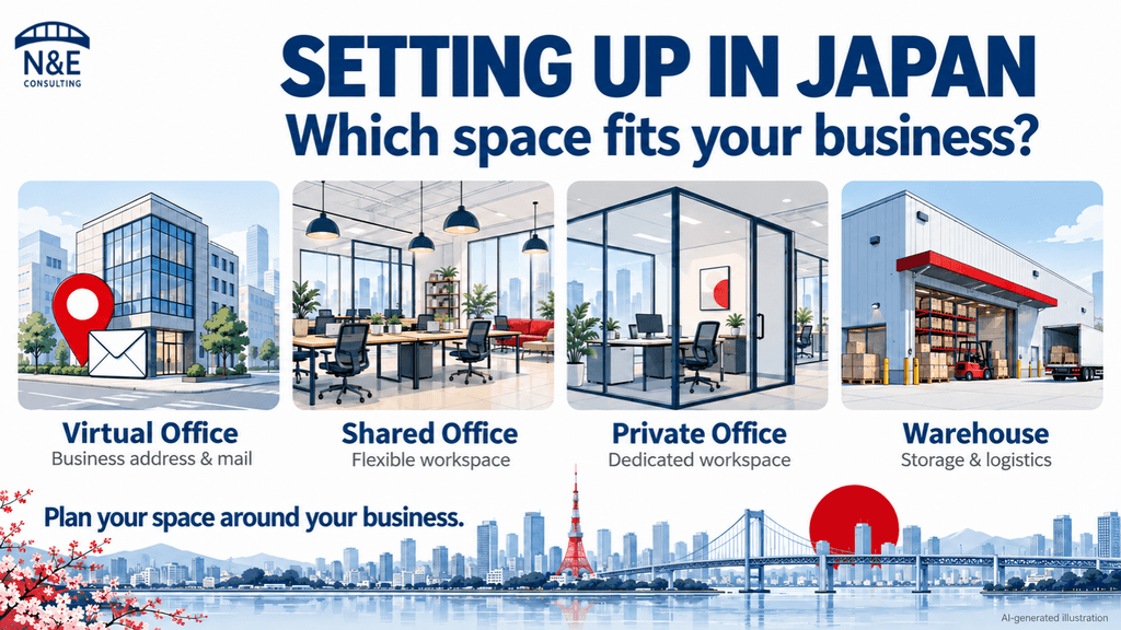 Overview of four options for companies in Japan: virtual office, shared office, private office and warehouse.